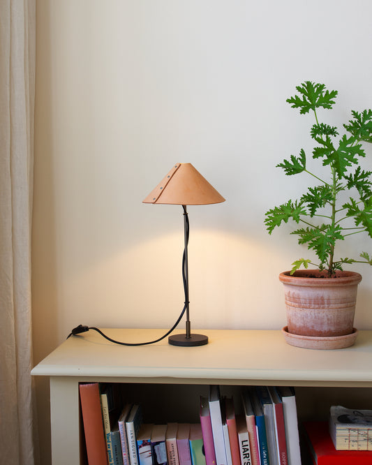 Koncis bordslampa med läderskärm